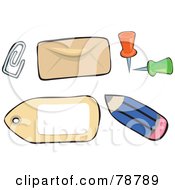 Royalty Free RF Clipart Illustration Of A Digital Collage Of Office Paperclips Envelopes Pins Tags And Pencils by Prawny