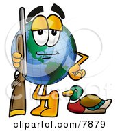 Poster, Art Print Of World Earth Globe Mascot Cartoon Character Duck Hunting Standing With A Rifle And Duck