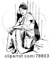 Royalty Free RF Clipart Illustration Of A Black And White Lone Woman Sitting On A Step