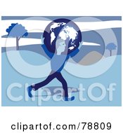 Royalty Free RF Clipart Illustration Of A Blue Man Carrying A Blue Globe Over Hills