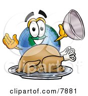 Poster, Art Print Of World Earth Globe Mascot Cartoon Character Serving A Thanksgiving Turkey On A Platter