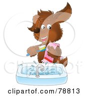 Brown Dog Smiling And Brushing His Teeth Over A Sink