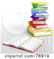 Royalty Free RF Clipart Illustration Of A 3d Blank Open Book In Front Of A Stack Of Colorful Books by Tonis Pan