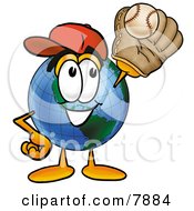 World Earth Globe Mascot Cartoon Character Catching A Baseball With A Glove
