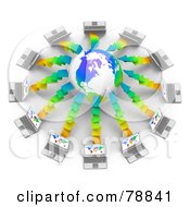 Poster, Art Print Of 3d Colorful Globe Surrounded By Laptop Computers With Colorful Maps On Their Screens