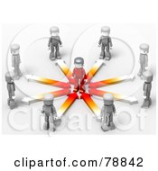 Poster, Art Print Of 3d Minitoy Network Of Gray People With Arrows Facing A Red Person In The Center Of A Circle