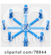 Poster, Art Print Of 3d Minitoy Network Of Blue People With Arrows Facing A Person In The Center Of A Circle
