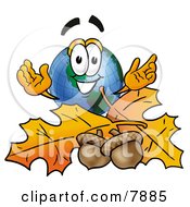 Poster, Art Print Of World Earth Globe Mascot Cartoon Character With Autumn Leaves And Acorns In The Fall