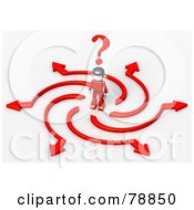 Poster, Art Print Of 3d Red Minitoy Person Standing In A Crossroads Of Crazy Arrows Choices And Opportunities