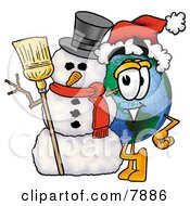 Poster, Art Print Of World Earth Globe Mascot Cartoon Character With A Snowman On Christmas