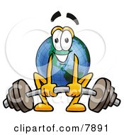 World Earth Globe Mascot Cartoon Character Lifting A Heavy Barbell