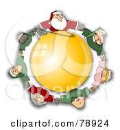 Santa Elves And Mrs Claus Holding Hands And Circling A Golden Ornament