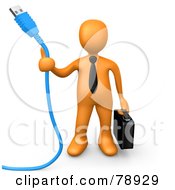 Royalty Free RF Clipart Illustration Of A 3d Orange Business Person Holding A Blue Usb Cable And A Briefcase