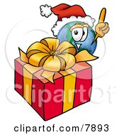 Poster, Art Print Of World Earth Globe Mascot Cartoon Character Standing By A Christmas Present