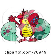 Royalty Free RF Clipart Illustration Of A Red Dragon Waving And Hatching From A Green Egg