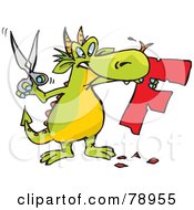 Royalty Free RF Clipart Illustration Of A Green Dragon Holding Scissors And A Cut Out F