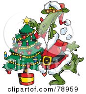 Poster, Art Print Of Green Santa Dragon Decorating A Christmas Tree