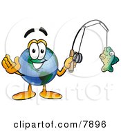World Earth Globe Mascot Cartoon Character Holding A Fish On A Fishing Pole
