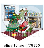 Poster, Art Print Of Green Dragon Santa Decorating A Christmas Tree By A Fireplace