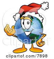 Poster, Art Print Of World Earth Globe Mascot Cartoon Character Wearing A Santa Hat And Waving