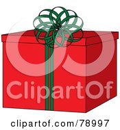 Poster, Art Print Of Bright Red Gift Box With A Round Green Ribbon Bow