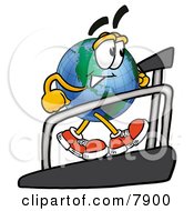 World Earth Globe Mascot Cartoon Character Walking On A Treadmill In A Fitness Gym