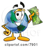 World Earth Globe Mascot Cartoon Character Holding A Dollar Bill
