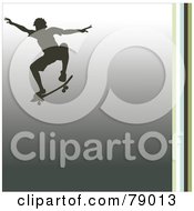 Royalty Free RF Clipart Illustration Of A Silhouetted Skateboarding Boy On A Gradient Gray Background With Vertical Stripes On The Left by Pams Clipart