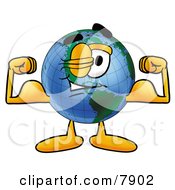 Poster, Art Print Of World Earth Globe Mascot Cartoon Character Flexing His Arm Muscles