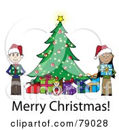 Poster, Art Print Of Merry Christmas Stick Boy And Girl Holding Presents Beside A Christmas Tree
