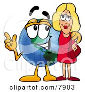 World Earth Globe Mascot Cartoon Character Talking To A Pretty Blond Woman