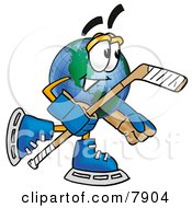 World Earth Globe Mascot Cartoon Character Playing Ice Hockey
