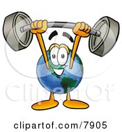 World Earth Globe Mascot Cartoon Character Holding A Heavy Barbell Above His Head