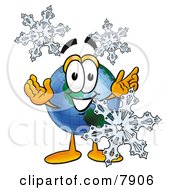 World Earth Globe Mascot Cartoon Character With Three Snowflakes In Winter