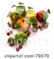 Royalty Free RF Clipart Illustration Of A Display Of 3d Cubic Genetically Modified Oranges Apples Strawberries And Cherries Version 1