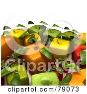Royalty Free RF Clipart Illustration Of A Display Of 3d Cubic Genetically Modified Oranges Apples Strawberries And Cherries Version 3 by Frank Boston