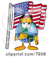 World Earth Globe Mascot Cartoon Character Pledging Allegiance To An American Flag