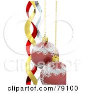 Royalty Free RF Clipart Illustration Of 3d Red Snowflake Christmas Balls Hanging Over Gold Red And White Ribbons