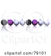 Royalty Free RF Clipart Illustration Of A 3d Row Of Black Silver And Purple Christmas Balls On A Reflective Surface