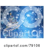 Royalty Free RF Clipart Illustration Of A Blue Snowflake Background With A Coiled Christmas Tree And Colorful Baubles
