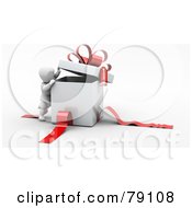 Poster, Art Print Of 3d White Character Peeking Inside A White Gift Box With Red Ribbons And A Bow