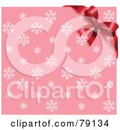 Poster, Art Print Of Pink Snowflake Background With A Red Bow Ribbon In Teh Upper Right Corner