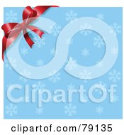 Poster, Art Print Of Blue Snowflake Background With A Red Bow Ribbon In The Lower Right Corner