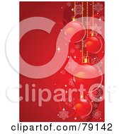 Poster, Art Print Of Bright Red Vertical Xmas Holiday Background With Christmas Bulbs Waves And Snowflakes