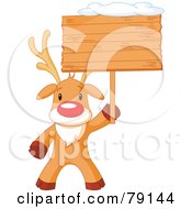 Cute Rudolph The Red Nosed Reindeer Holding A Blank Wooden Sign Board With Snow On Top