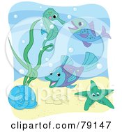 Poster, Art Print Of Sea Snail Starfish Fish And Seahorse With Bubbles Under The Sea With A White Border