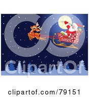 Royalty Free RF Clipart Illustration Of Santa Waving And Riding In His Sled In Front Of A Full Moon Rudolph In Front In A Snowy Night Sky