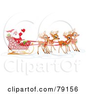 Poster, Art Print Of Team Of Adorable Christmas Reindeer Pulling Santa In His Sleigh