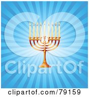 Poster, Art Print Of Gold Hanukkah Hanukkiya Menorah On A Blue Shining Background