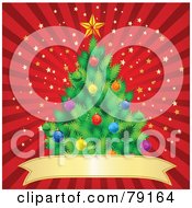 Poster, Art Print Of Trimmed Christmas Tree Over A Red Banner On A Red Starry Burst Background